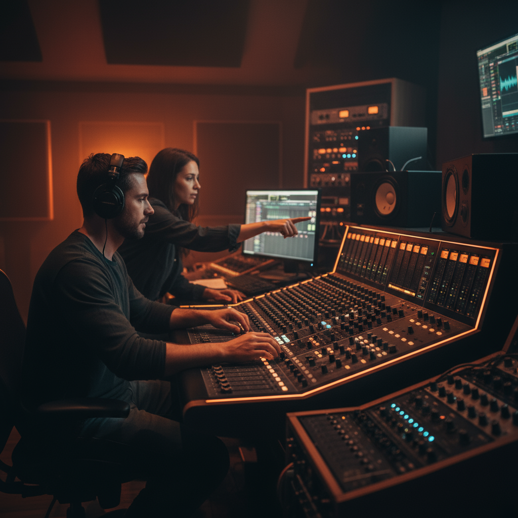 Profissionais de áudio trabalhando em estúdio